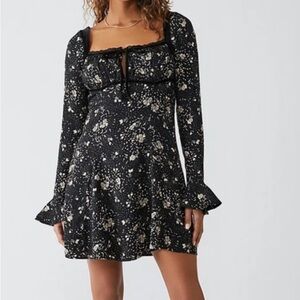 Free People Black and Tan‎ Floral Tess Mini Dress Bell Sleeves